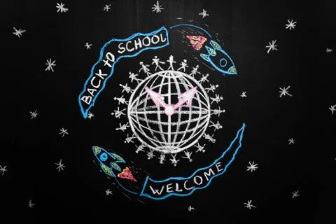 Back to school background with spaceships with flags with titles " Back to Stock Photos