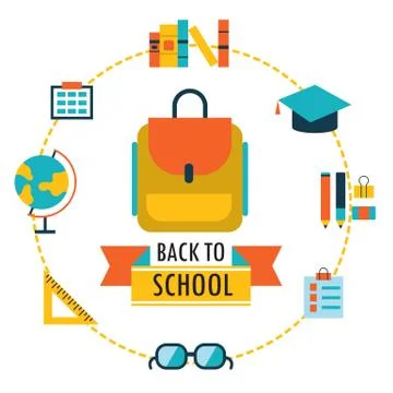 Back to school background with study theme icons Backpack glasses books etc Stock Illustration