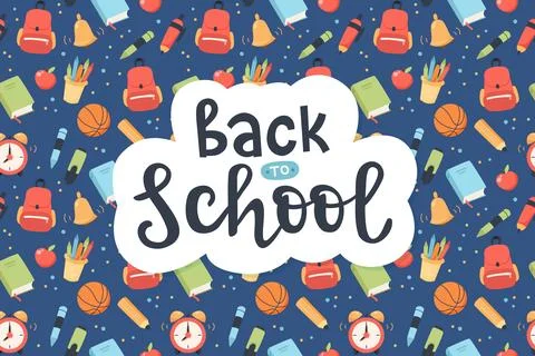 Back to school background with supplies and handwritten calligraphy for children Illustrazione stock
