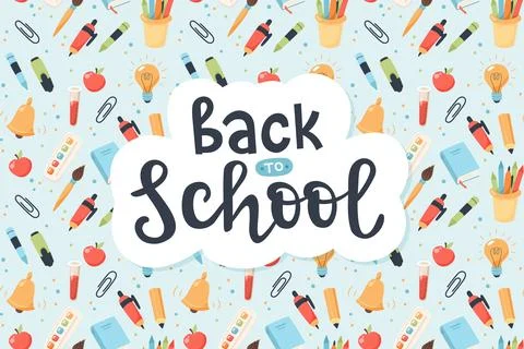 Back to school background with supplies and handwritten calligraphy for children Illustrazione stock