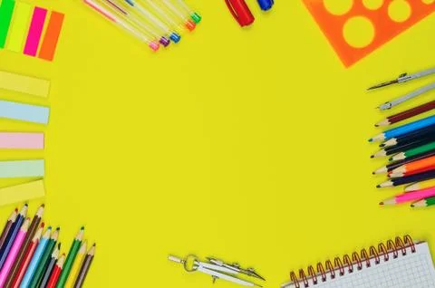 Back to school background for text, pens, colored pencils, notebook, ruler, c Stock Photos
