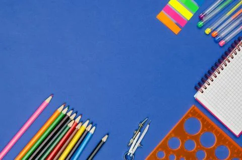 Back to school background for text, pens, colored pencils, notebook, ruler, c Stock Photos