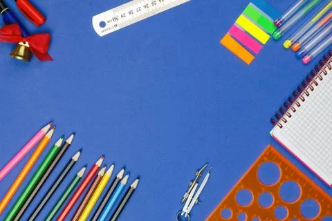 Back to school background for text, pens, colored pencils, notebook, ruler, c Stock Photos