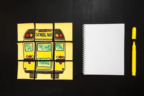 Back to school background with title "Back to school" and "school bus" written Stock Photos