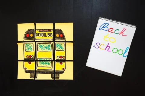 Back to school background with title "Back to school" and "school bus" written Stock Photos