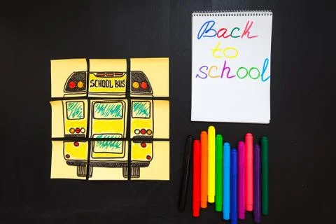 Back to school background with title "Back to school" and "school bus" written Stock Photos
