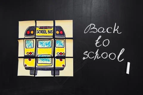 Back to school background with title "Back to school" and "school bus"  writte Stock Photos