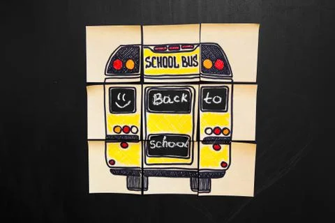 Back to school background with title "Back to school" and "school bus"  writte Stock Photos