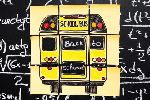 Back to school background with title "Back to school" and "school bus"  writte Stock Photos