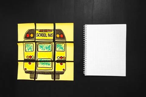 Back to school background with title "Back to school" and "school bus" written Stock Photos
