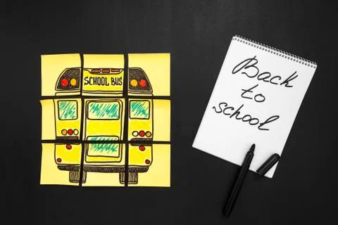 Back to school background with title "Back to school" and "school bus" written Stock Photos