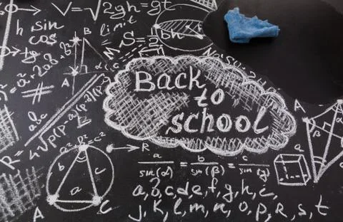 Back to school background with title "Back to school",  formulas written by whit Stock Photos