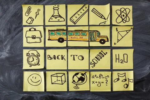 Back to school background with title "Back to school", school bus and school Stock Photos