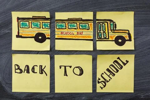 Back to school background with title "Back to school" and "school bus"  writte Stock Photos