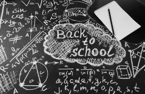 Back to school background with title "Back to school",  formulas written by whit Stock-Fotos