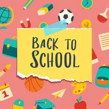 Back to school background with torn yellow paper note and colorful educatio.. Stock Illustration