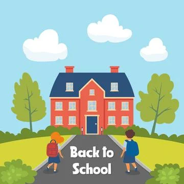 Back to School Background. Two Cartoon Kids with Backpacks Walking Towards Ilustración de archivo