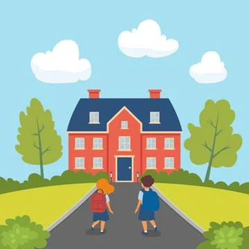 Back to School Background. Two Cartoon Kids with Backpacks Walking Towards Ilustración de archivo