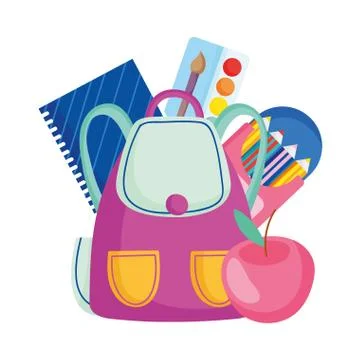 Back to school backpack apple notepad pencils palette color Stock Illustration