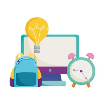 Back to school, backpack clock computer idea elementary education cartoon Stockillustratie