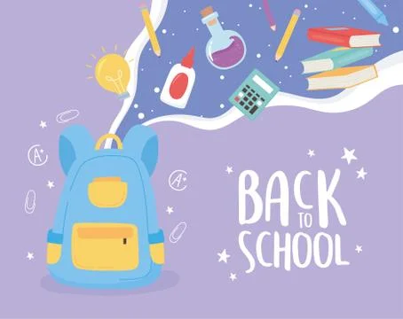 Back to school, backpack glue test tube laboratory calculator items education Illustrazione stock