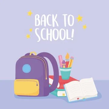 Back to school, backpack open book pencils and crayon in cup elementary Stock Illustration
