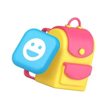 Back to school backpack with positive smiley badge 3d icon realistic vector i Illustrazione stock