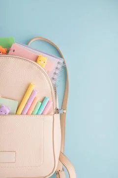 Back to school backpack presenting stationery supplies for students Stock Photos