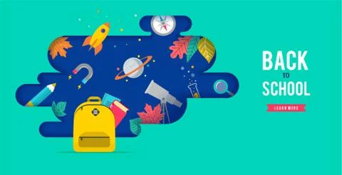 Back to school, backpack with speech bubble and many education icons, elements Illustrazione stock
