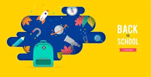 Back to school, backpack with speech bubble and many education icons, elements Stock Illustration