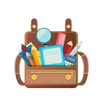 Back to school backpack vector illustration. Open brown leather satchel filled Stock Illustration