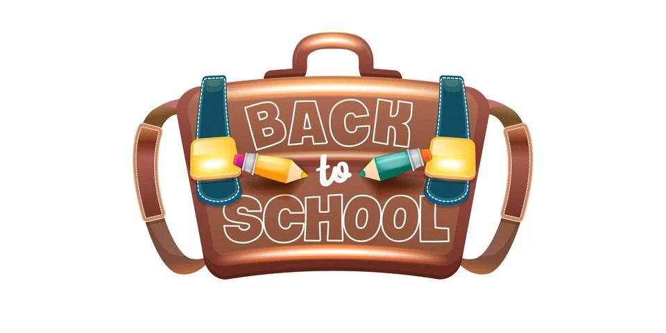 Back to school backpack vector illustration. Brown leather satchel badge with Stock Illustration