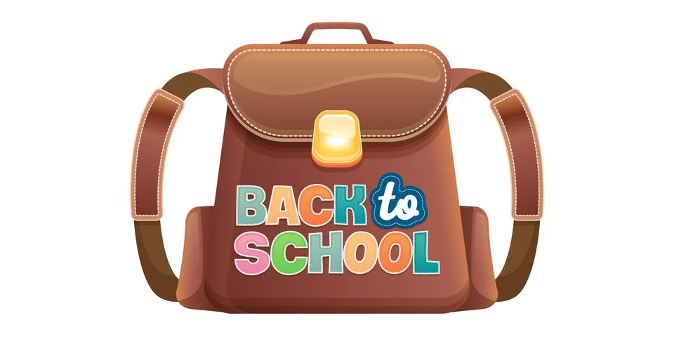 Back to school backpack vector illustration. Brown leather satchel badge with Stock Illustration