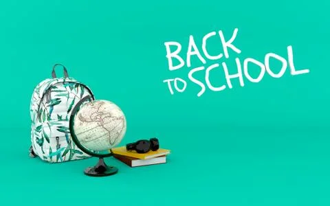 Back to school with backpack wold globe books and headphones 3d render Stock Illustration