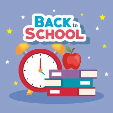 Back to school banner, alarm clock with books and apple fruit Stockillustratie
