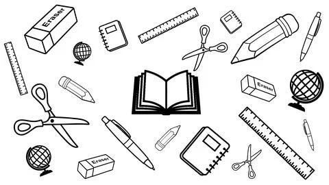 Back To School Banner Background School Supplies Illustrations Black And White Illustrazione stock