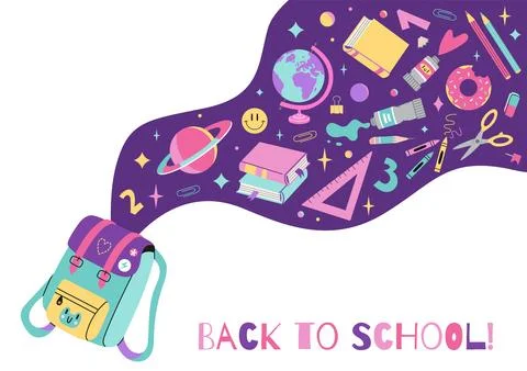 Back to school banner, backpack and school stationery flying out of it, car.. Stock Illustration