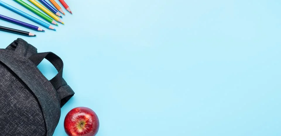 Back to school banner backpack apple Stock Photos
