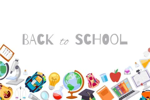 Back to School banner with backpack, globe, notebook and school supplies Stock Illustration