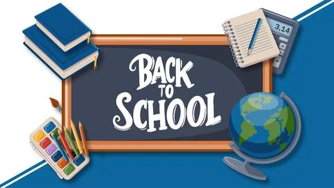 Back to school banner with blackboard globe books and school supplies on bl.. Stock Illustration