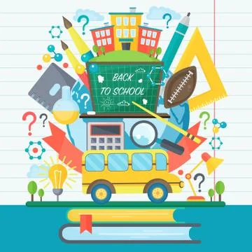 Back To School Banner with bus and flat icon set on Chalkboard. Vector Flat Stock Illustration