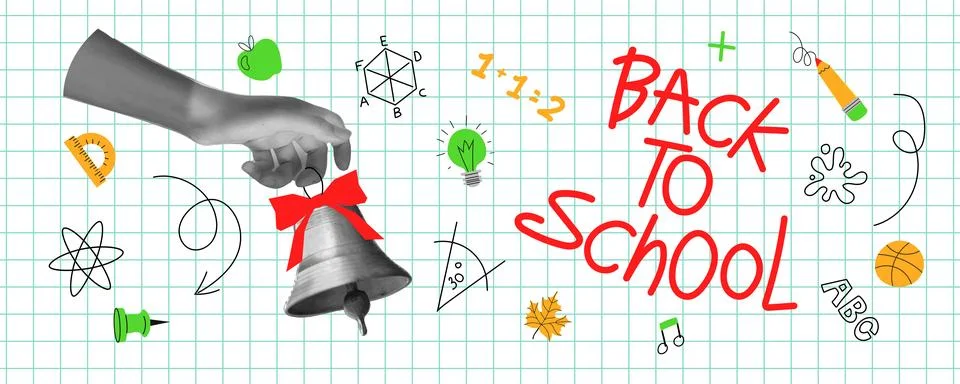 Back to school banner with collage elements hand, school bell, pen, light b.. 스톡 일러스트