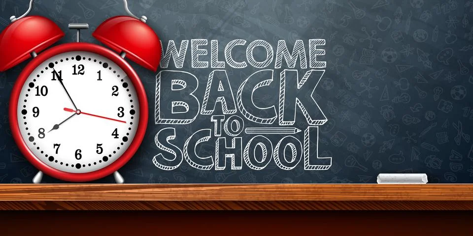 Back to School Banner Design with Red Alarm Clock and Typography Lettering on Stock Illustration
