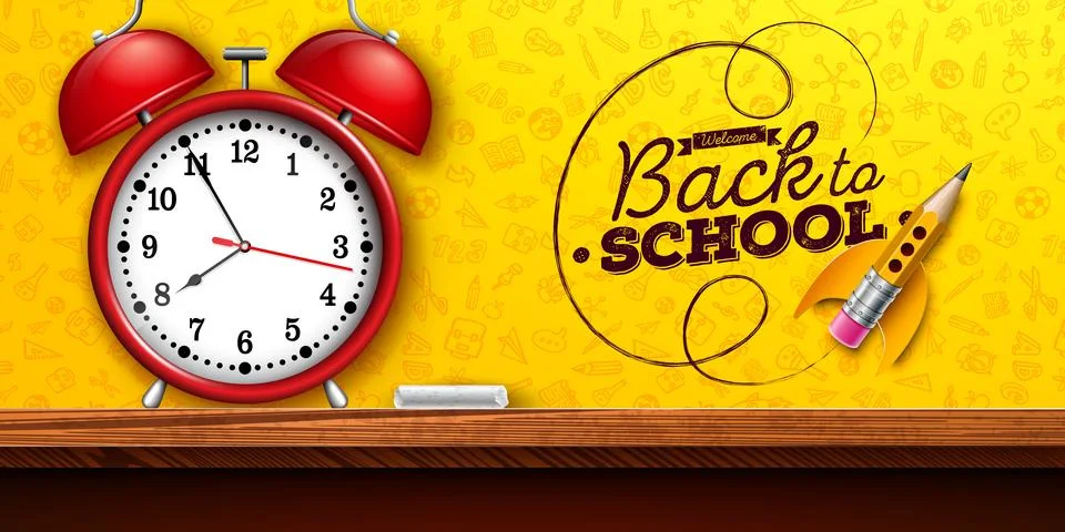 Back to School Banner Design with Red Alarm Clock and Typography Lettering on Stock Illustration