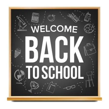 Back To School Banner Design Vector. Classroom Blackboard. Black. Doodle Icons Stock Illustration