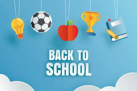 Back to school banner with education items hanging on blue background in pape Stock Illustration