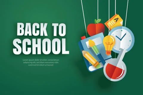 Back to school banner with education items hanging on green chalkboard backgr Illustrazione stock