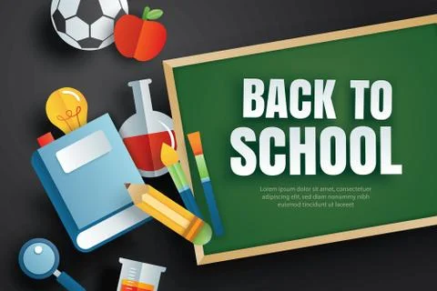 Back to school banner with education items and green chalkboard on black back Stock Illustration