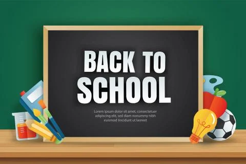 Back to school banner with education items on black chalkboard background in  Stock Illustration