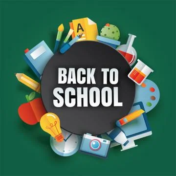 Back to school banner with education items and text in paper art style. Stock Illustration